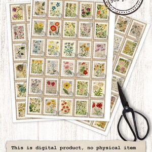 Puede incluir: Hojas de dise&ntilde;os de sellos postales florales de estilo vintage. Cada sello presenta una ilustraci&oacute;n bot&aacute;nica diferente con un n&uacute;mero. La imagen incluye el texto "descarga instant&aacute;nea, usted imprime" y "digital FABLES".
