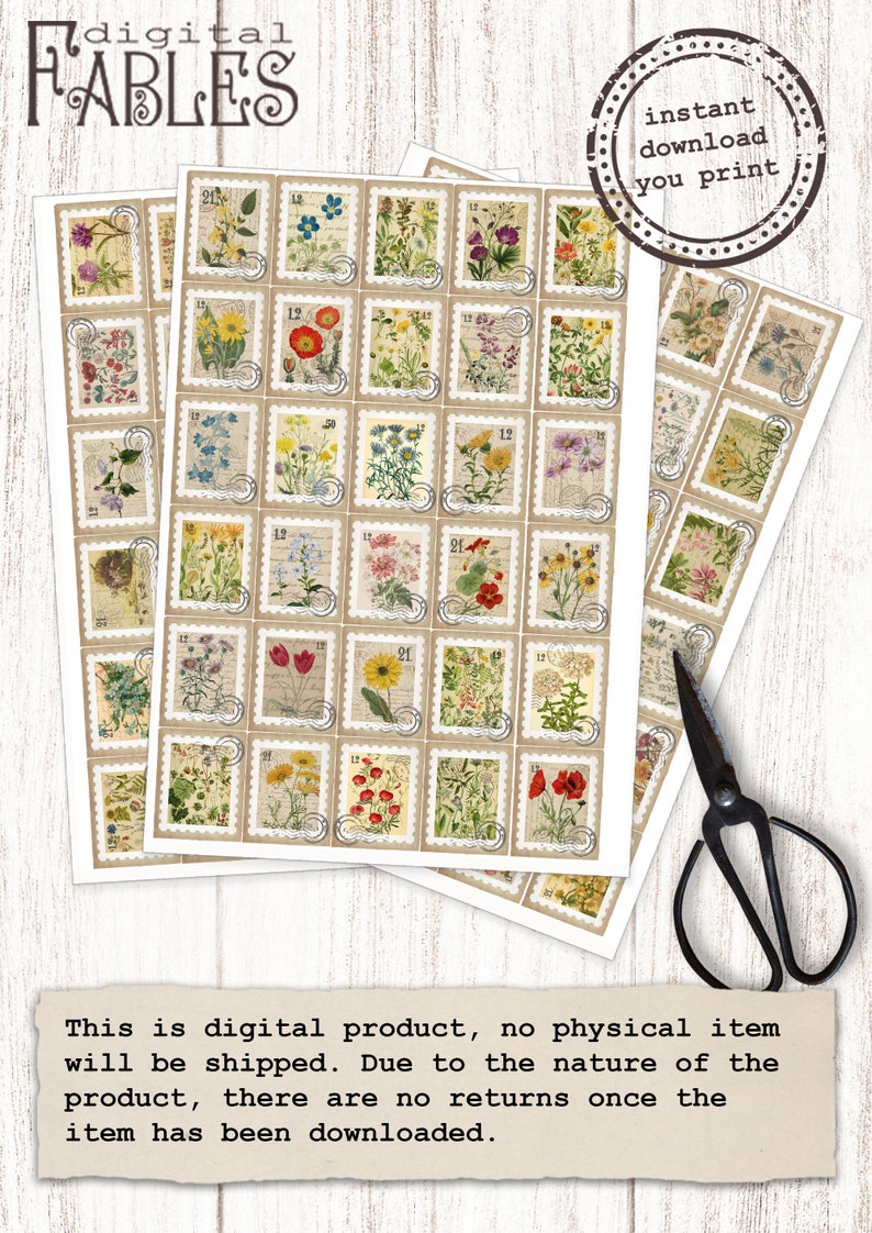 Puede incluir: Hojas de dise&ntilde;os de sellos postales florales de estilo vintage. Cada sello presenta una ilustraci&oacute;n bot&aacute;nica diferente con un n&uacute;mero. La imagen incluye el texto "descarga instant&aacute;nea, usted imprime" y "digital FABLES".