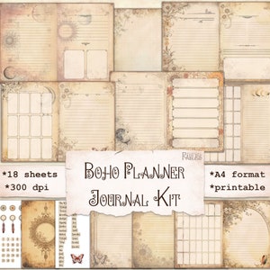 May include: A printable boho planner journal kit with 18 sheets in A4 format. The kit features a variety of pages with different layouts, including lined pages, grid pages, and blank pages. The pages are decorated with a vintage aesthetic, featuring floral patterns, butterflies, and moons.