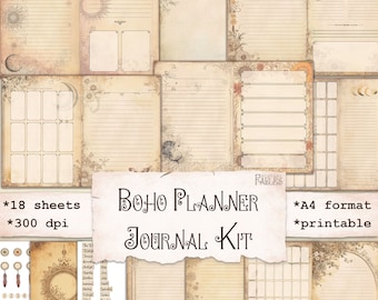 Boho Planner Junk Journal Kit, Undated Planner, Calendar, Lined Dotted Paper, Bullet Journal, Monthly, Weekly, Instant Download