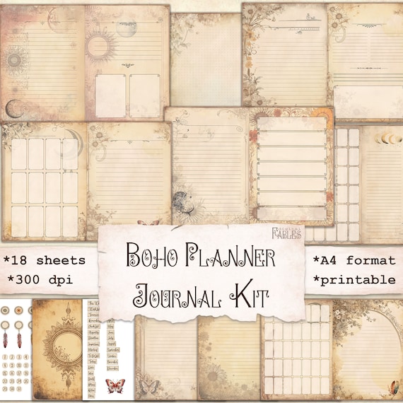 Boho Planner Junk Journal Kit, Undated Planner, Calendar, Lined Dotted Paper, Bullet Journal, Monthly, Weekly, Instant Download