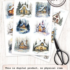 May include: Nine digital illustrations of cozy winter cottages with snow-covered roofs and glowing windows. The illustrations are in a watercolor style and feature a variety of architectural details.