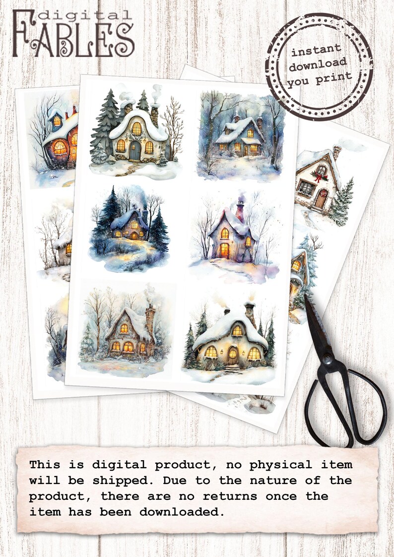 May include: Nine digital illustrations of cozy winter cottages with snow-covered roofs and glowing windows. The illustrations are in a watercolor style and feature a variety of architectural details.
