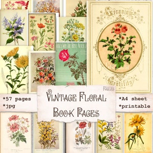 Páginas de libros con motivos florales antiguos, efímeras botánicas de la naturaleza para imprimir, diario basura, hojas de collage de flores, álbumes de recortes, descarga instantánea