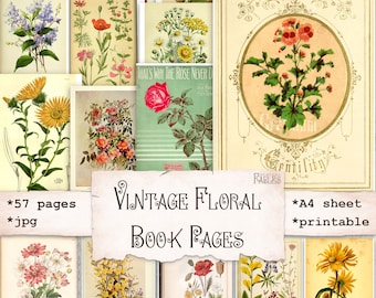Vintage Floral Book Pages, Printable Botanical Nature Ephemera, Junk Journal, Flowers Collage Sheets, Scrapbooking, Instant Download