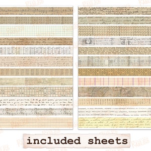 May include: A set of 20 printable digital paper sheets with vintage designs. The sheets feature a variety of patterns, including music notes, grid paper, handwriting, and maps. The sheets are perfect for scrapbooking, card making, and other paper crafts.