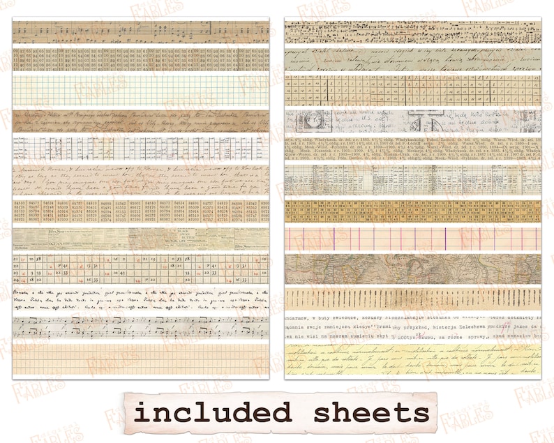 May include: A set of 20 printable digital paper sheets with vintage designs. The sheets feature a variety of patterns, including music notes, grid paper, handwriting, and maps. The sheets are perfect for scrapbooking, card making, and other paper crafts.