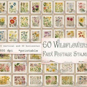 60 sellos postales falsos de flores silvestres, descarga instantánea imprimible digital para diario basura, diarios naturaleza efímera vintage, artesanía de álbum de recortes