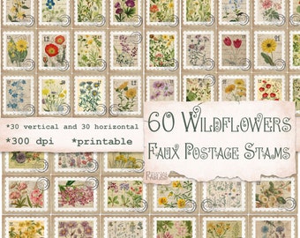60 Wildflowers Faux Postage Stamps, Digital Printable Instant Download for Junk Journal, Journals Nature Ephemera Vintage, Scrapbook Craft