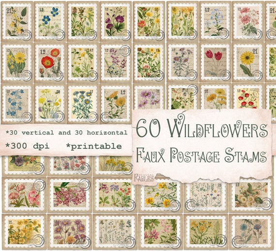 60 Wildflowers Faux Postage Stamps, Digital Printable Instant Download for Junk Journal, Journals Nature Ephemera Vintage, Scrapbook Craft
