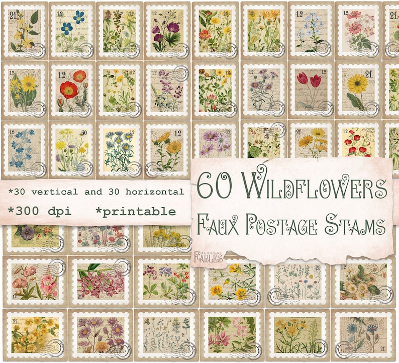 Puede incluir: Un conjunto de 60 sellos postales falsos imprimibles con ilustraciones de flores silvestres. Cada sello presenta un dise&ntilde;o floral &uacute;nico, con una est&eacute;tica vintage. El texto de la imagen dice "60 Wildflowers Faux Postage Stamps".