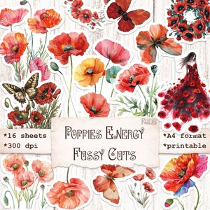 Poppies Energy Fussy Cuts, Botânico, Natureza Ephemera, Download para impressão, Diários de decoração, Elementos de colagem, Scrapbooking, Artesanato em papel