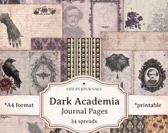 Dark Academia Journal Pages, Gothic Vintage Junk Journal Printable, Victorian Spooky Scrapbook Patterns, Poe Inspired Lined Pages, Creepy