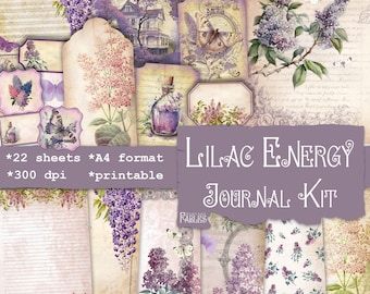 Lilac Energy Journal Kit, Spring Junk Jurnal Pages & Ephemera, Lilac Flowers Embellishments, Lilacs Scrapbooking Kit, Instant Download