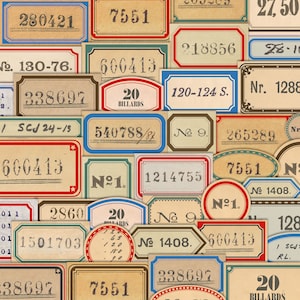 May include: Vintage style printable labels featuring a variety of numbers and text. The labels are in red, blue, green, and brown with a distressed paper texture. They are designed for use as decorative elements for crafts, scrapbooking, and other projects.