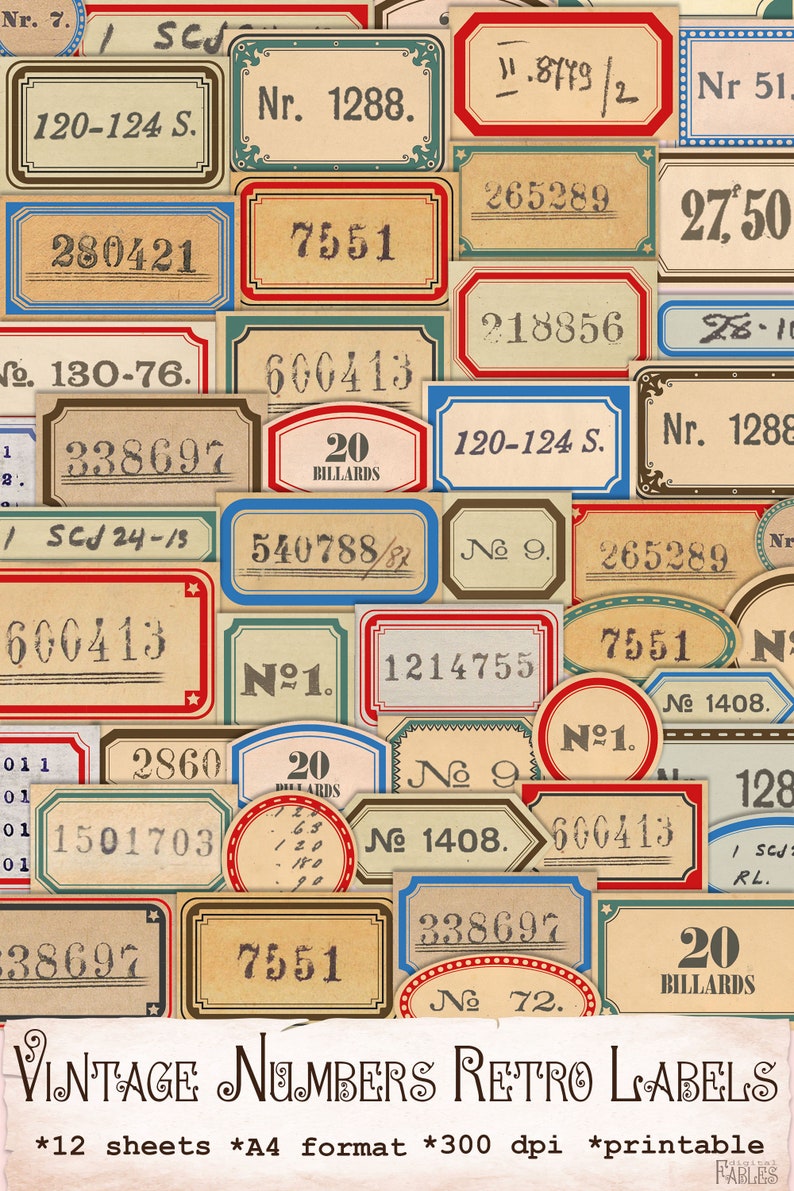 May include: Vintage style printable labels featuring a variety of numbers and text. The labels are in red, blue, green, and brown with a distressed paper texture. They are designed for use as decorative elements for crafts, scrapbooking, and other projects.