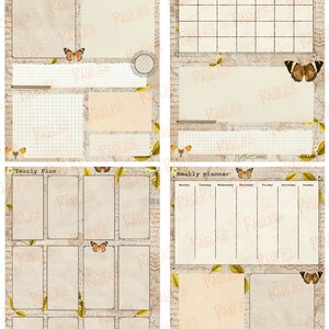 May include: A set of four printable planner pages with a vintage aesthetic. The pages are decorated with butterflies, leaves, and a handwritten script background. The pages are labeled "Daily Planner", "Monthly Planner", "Yearly Plan", and "Weekly Planner".