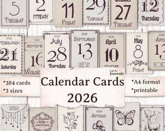 2026 Vintage Style Calendar Cards GRAY: Junk Journal Ephemera (Printable Download)