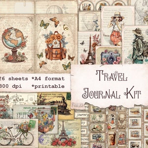 Kit diario di viaggio, stampabile digitale, kit di album per notebook per viaggiatori, oggetti effimeri shabby vintage, fiori, diario spazzatura, diario delle vacanze