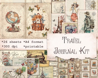 Peut inclure: Un kit de journal de voyage numérique imprimable avec 26 feuilles au format A4 à 300 dpi. Le kit comprend des images d'affiches de voyage vintage, de cartes postales, de timbres et d'autres éléments sur le thème du voyage. Le texte "TRAVEL JOURNAL KIT" est présenté dans une police décorative.