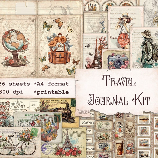 Kit de diario de viaje, imprimible digital, kit de álbum de recortes de cuaderno de viajeros, efímera vintage en mal estado, flores, diario basura, diario de vacaciones