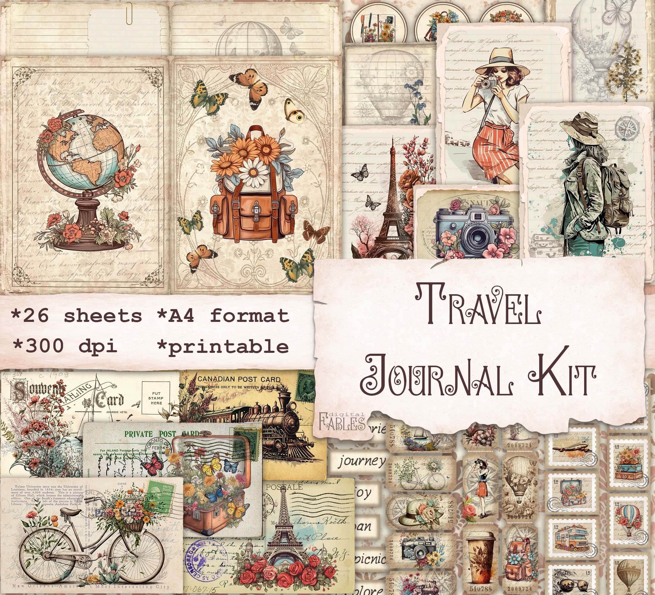 Travellers Pack Scrapbook Kit, Junk Journal Kit, Travel Journal Kit,  Steampunk Kit, Digital Journal Kit, Printable Journal Pages, DIY 000376