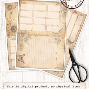 May include: A printable set of vintage-style journal pages featuring sunflower and butterfly designs. The pages include lined sections, blank boxes, and a title page with the text "digital FABLES".