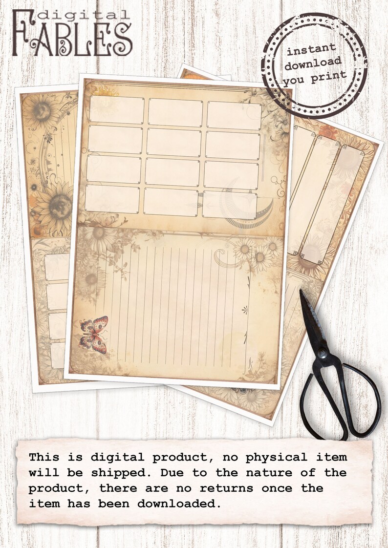 May include: A printable set of vintage-style journal pages featuring sunflower and butterfly designs. The pages include lined sections, blank boxes, and a title page with the text "digital FABLES".