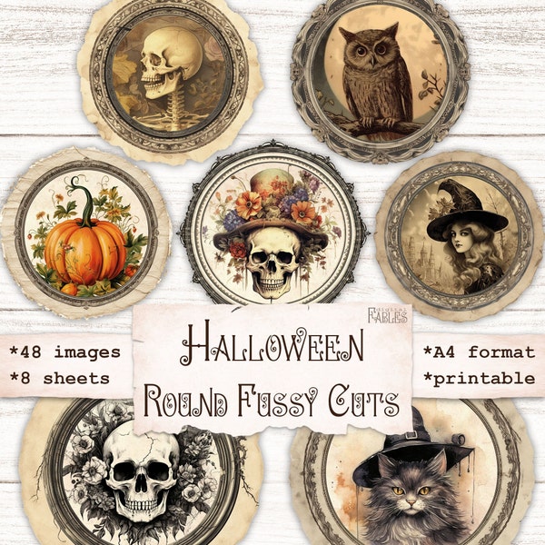 Halloween Round Fussy Cuts Images, Junk Journal Printables, Vintage All Hallows Eve Ephemera, Scrapbook Spooky Embellishment, Digital