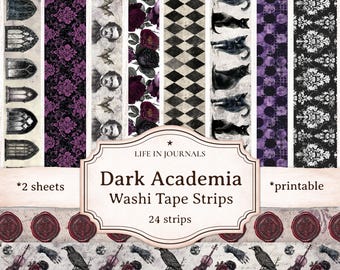 Dark Academia Printable Washi Tape Strips, Victorian, Gothic Vintage Junk Journal Ephemera, Poe Inspired Halloween, Creepy, Spooky Scrapbook