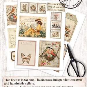 Puede incluir: Un conjunto de 10 im&aacute;genes digitales imprimibles con ilustraciones de estilo vintage de p&aacute;jaros, mariposas, flores y otros dise&ntilde;os inspirados en la naturaleza. Las im&aacute;genes son perfectas para scrapbooking, creaci&oacute;n de tarjetas y otros proyectos de manualidades. El texto en las im&aacute;genes incluye "Blossom & Bloom", "Song of the Birds", "Botanical Wonders", "GC 17688" y "ЦЫГАНСНІЙ ТАБОРИ".