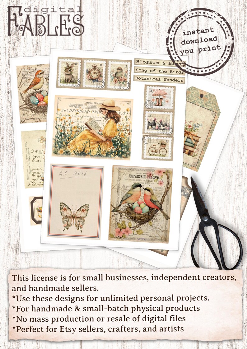 Puede incluir: Un conjunto de 10 im&aacute;genes digitales imprimibles con ilustraciones de estilo vintage de p&aacute;jaros, mariposas, flores y otros dise&ntilde;os inspirados en la naturaleza. Las im&aacute;genes son perfectas para scrapbooking, creaci&oacute;n de tarjetas y otros proyectos de manualidades. El texto en las im&aacute;genes incluye "Blossom & Bloom", "Song of the Birds", "Botanical Wonders", "GC 17688" y "ЦЫГАНСНІЙ ТАБОРИ".