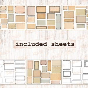 Pu&ograve; includere: Un set di fogli di carta digitale stampabili con vari telai e bordi in stile vintage. I fogli sono in tonalit&agrave; beige e marrone con uno sfondo bianco. Il testo "included sheets" &egrave; stampato in nero al centro dell'immagine.