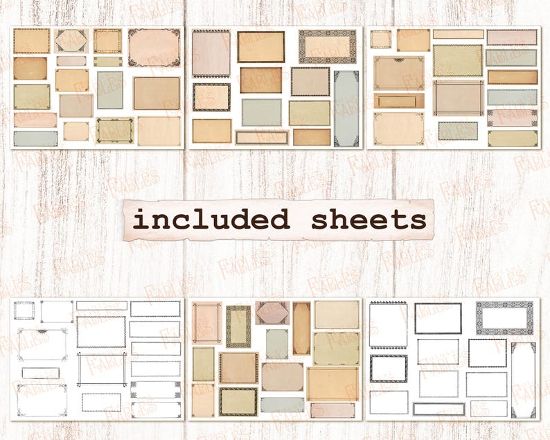 Pu&ograve; includere: Un set di fogli di carta digitale stampabili con vari telai e bordi in stile vintage. I fogli sono in tonalit&agrave; beige e marrone con uno sfondo bianco. Il testo "included sheets" &egrave; stampato in nero al centro dell'immagine.