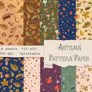 Autumn Pattern Paper, Fall Digital Scrapbook Paper, Instant Download, Junk Journal, Woodland, Mushrooms, Leaves, Printable Paper Set
