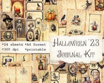 Halloween Junk Journal Kit 23, Vintage Grunge Shabby, Labels, Pages and Pattern Papers, Ephemera, All HallowsEve Journal, Scrapbook