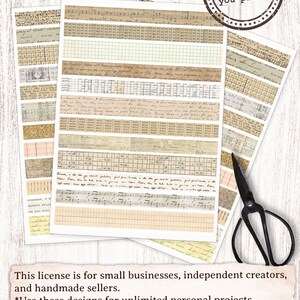 May include: A set of 18 digital paper strips featuring vintage designs, including handwritten text, musical notes, and grid patterns. The paper strips are perfect for crafting, scrapbooking, and digital design projects.