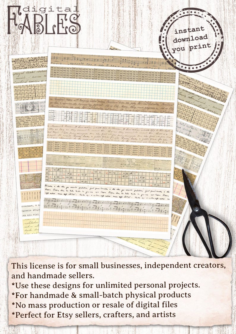 May include: A set of 18 digital paper strips featuring vintage designs, including handwritten text, musical notes, and grid patterns. The paper strips are perfect for crafting, scrapbooking, and digital design projects.