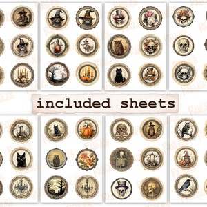 May include: A set of 36 printable Halloween digital papers featuring vintage style illustrations of owls, cats, skulls, pumpkins, spiders, and more. The papers are perfect for scrapbooking, card making, and other crafting projects.