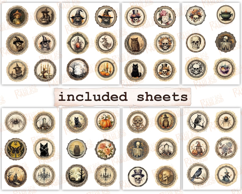 May include: A set of 36 printable Halloween digital papers featuring vintage style illustrations of owls, cats, skulls, pumpkins, spiders, and more. The papers are perfect for scrapbooking, card making, and other crafting projects.