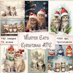 Cartes ATC Chats de Noël, Albums éphémères d'hiver, Images imprimables, Fournitures pour journaux indésirables, Collage, Feuille, Éphémères des Fêtes, Art de chat
