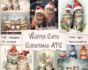 Biglietti ATC con gatti di Natale, materiale per album di ritagli invernali, immagini stampabili, materiale per diario spazzatura, collage, fogli, materiale per le feste, arte dei gatti