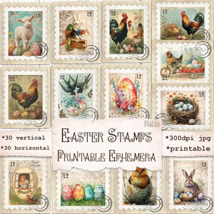60 sellos postales falsos de Pascua: material efímero imprimible para revistas basura, álbumes de recortes y manualidades de Pascua: hoja de collage, papel de Pascua vintage