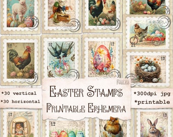 60 sellos postales falsos de Pascua - Material imprimible para álbumes de recortes, scrapbooking y manualidades de Pascua - Hoja de collage - Papel vintage de Pascua