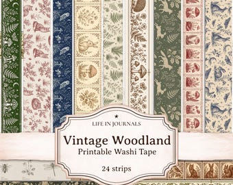 Vintage Woodland Washi Tape Printable Set for Junk Journal, Planner, Scrapbook, Woodland Animals & Mushrooms, Cottagecore Nature Ephemera