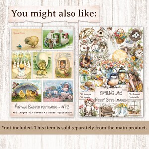Puede incluir: Un collage de im&aacute;genes con postales vintage de Pascua, recortes delicados con tem&aacute;tica primaveral y una colecci&oacute;n de im&aacute;genes imprimibles. Las im&aacute;genes incluyen una variedad de temas, como pollitos, conejos, flores y p&aacute;jaros. El texto en las im&aacute;genes dice "Vintage Easter Postcards - ATC", "*86 images *33 sheets *2 sizes *printable", "SPRING MIX", "Fussy CUTS IMAGES", "*92 images", "*16 sheets", "*A4 format", "*printable".