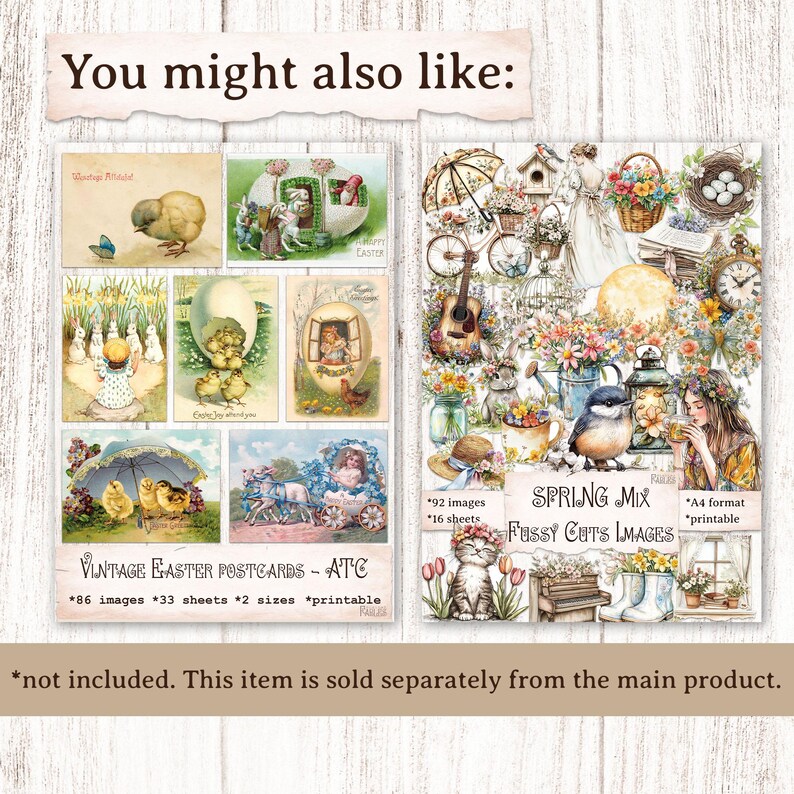 Puede incluir: Un collage de im&aacute;genes con postales vintage de Pascua, recortes delicados con tem&aacute;tica primaveral y una colecci&oacute;n de im&aacute;genes imprimibles. Las im&aacute;genes incluyen una variedad de temas, como pollitos, conejos, flores y p&aacute;jaros. El texto en las im&aacute;genes dice "Vintage Easter Postcards - ATC", "*86 images *33 sheets *2 sizes *printable", "SPRING MIX", "Fussy CUTS IMAGES", "*92 images", "*16 sheets", "*A4 format", "*printable".