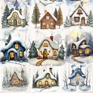 May include: A set of 24 printable images featuring whimsical winter houses. Each image is in A4 format and is part of a set of 4 sheets.