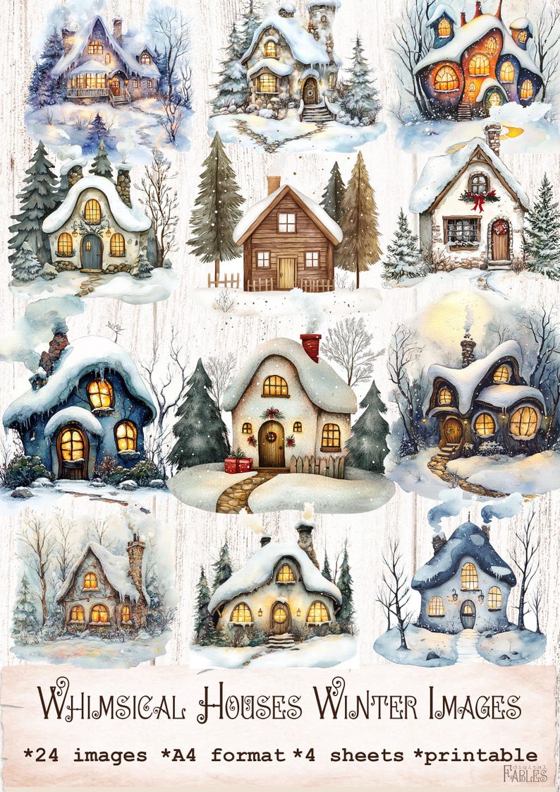 May include: A set of 24 printable images featuring whimsical winter houses. Each image is in A4 format and is part of a set of 4 sheets.