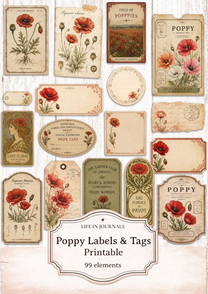 Poppy Labels & Tags Printable, Vintage Botanical Ephemera, Junk Journal ...